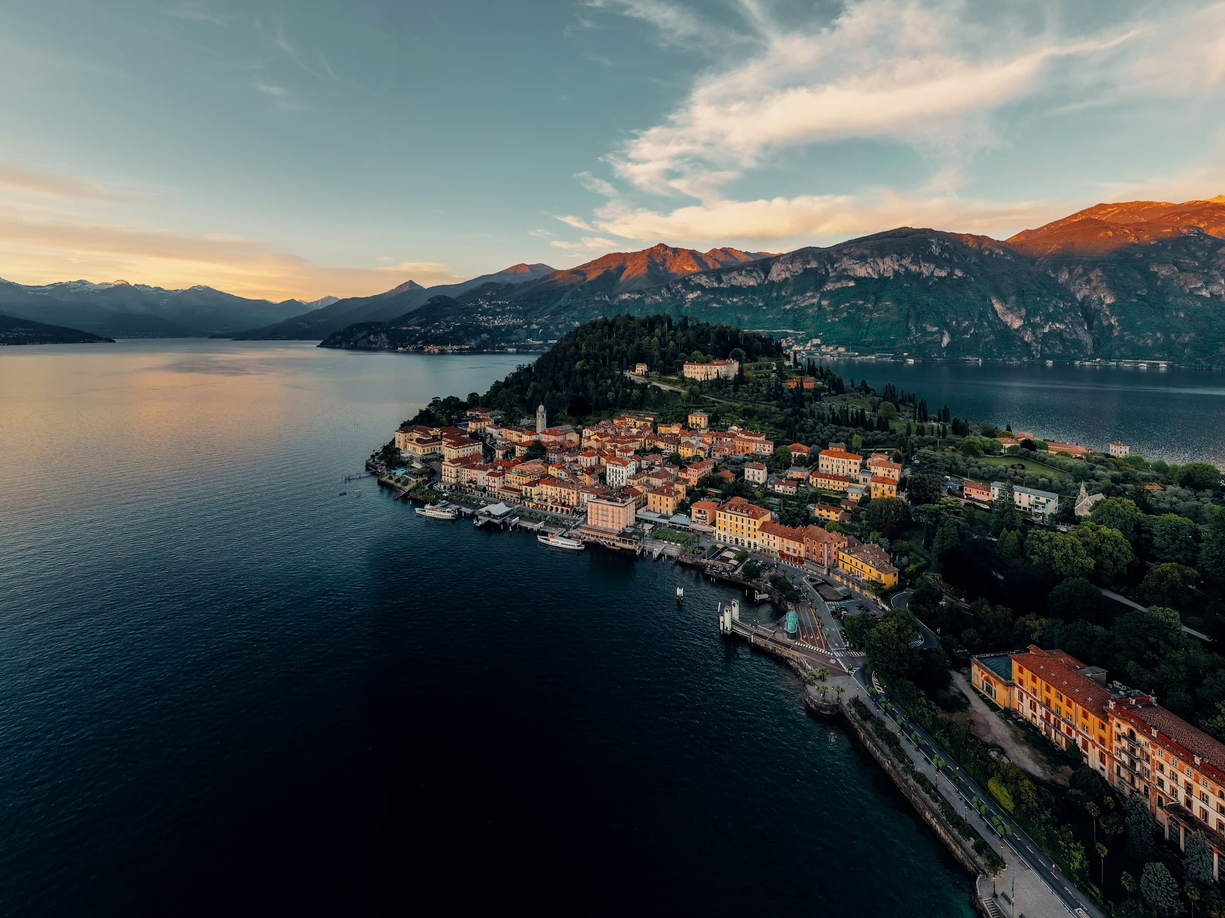 Aerial view of Bellagio on Lake Como at golden hour